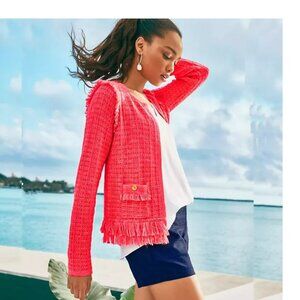 NEW Lilly Pulitzer Simora Fringe Cardigan Jacket Spicy Coral Exotic Tweed sz M